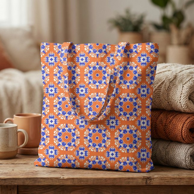Mediterranean Blue Orange Geometric Mosaic Pattern Fabric (Creator Uploaded)