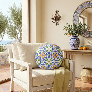 Mediterranean Blue Orange Green Spanish Pattern Round Pillow