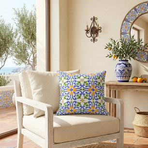 Mediterranean Blue Orange Green Spanish Pattern Throw Pillow