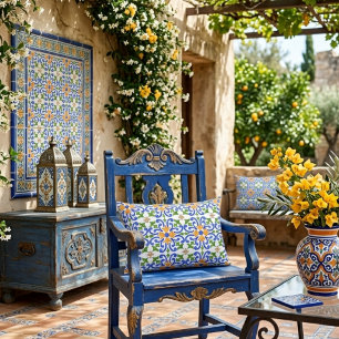 Mediterranean Blue Orange Green Spanish Tile Accent Pillow