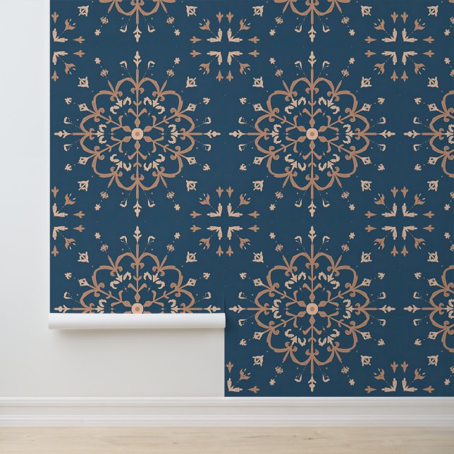 Mediterranean Blue & Tan Medallion Pattern Wallpaper (Application)