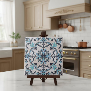 Mediterranean Blue Teal Antique Damask Flourish Ceramic Tile
