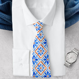 Mediterranean Blue Terracotta Geometric Tile Neck Tie