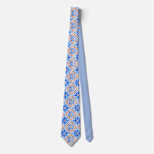 Mediterranean Blue Terracotta Geometric Tile Neck Tie