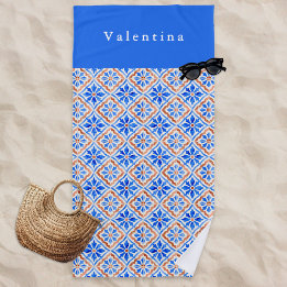 Mediterranean Blue Terracotta Tile Pattern Custom Beach Towel