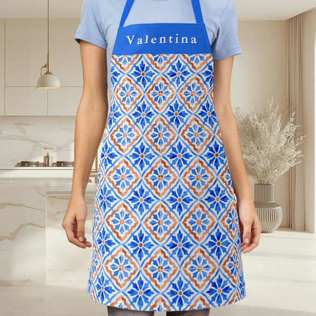 Mediterranean Blue Terracotta Tile Personalized Apron (A stylish kitchen apron with blue, terracotta and white tile pattern in a Mediterranean style)