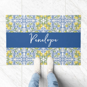 Mediterranean Blue Tile and Lemon Pattern Doormat