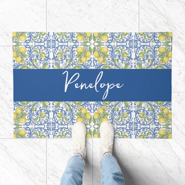 Mediterranean Blue Tile and Lemon Pattern Doormat (Indoor)