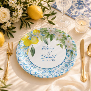 Mediterranean Blue Tile and Lemon Wedding Paper Plates