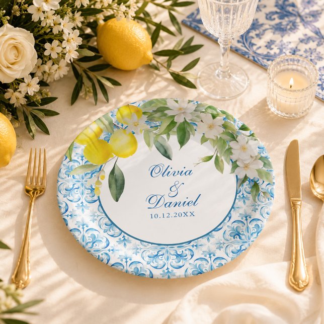 Mediterranean Blue Tile and Lemon Wedding Paper Plates (Mediterranean Blue Tile and Lemon Wedding Paper Plates on a mediterranean wedding table.)