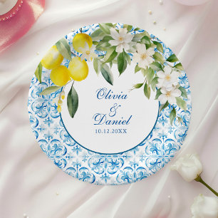 Mediterranean Blue Tile and Lemon Wedding Paper Plates