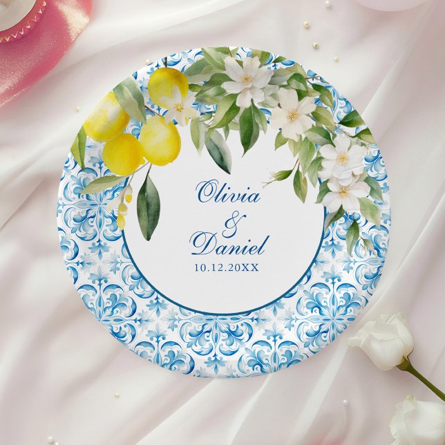 Mediterranean Blue Tile and Lemon Wedding Paper Plates (Mediterranean Blue Tiles and Lemons Wedding Paper Plates on a table with a white rose.)