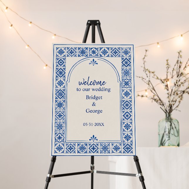 Mediterranean Blue Tile Arch Watercolor Wedding Foam Board (In Situ (Stand))