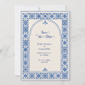 Mediterranean Blue Tile Arch Watercolor Wedding Invitation