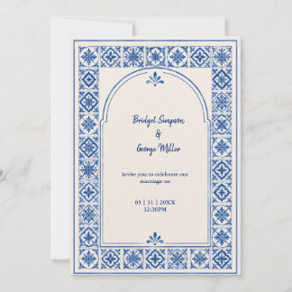 Mediterranean Blue Tile Arch Watercolor Wedding Invitation