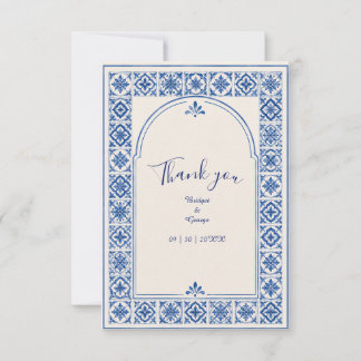 Mediterranean Blue Tile Arch Watercolor Wedding Thank You Card