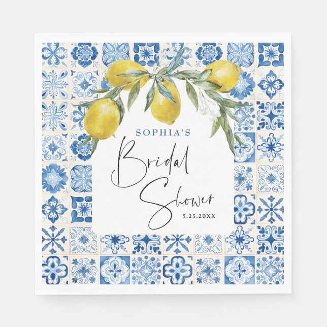 Mediterranean Blue Tile Bridal Shower Napkins (Front)
