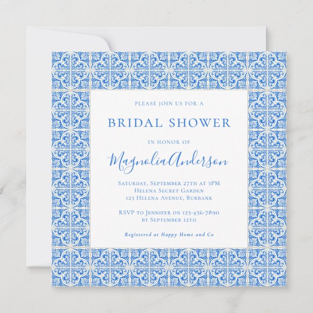 Mediterranean Blue Tile Bridal Shower Square Invitation (Front)