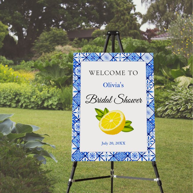Mediterranean Blue Tile Bridal Shower Welcome  Foam Board (Mediterranean Italian Blue Tile Lemon Bridal Shower Welcome Sign )