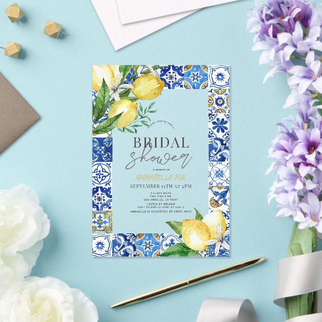 Mediterranean Blue Tile Citrus Lemon Bridal Shower Acrylic Invitations (Insitu (Wedding))