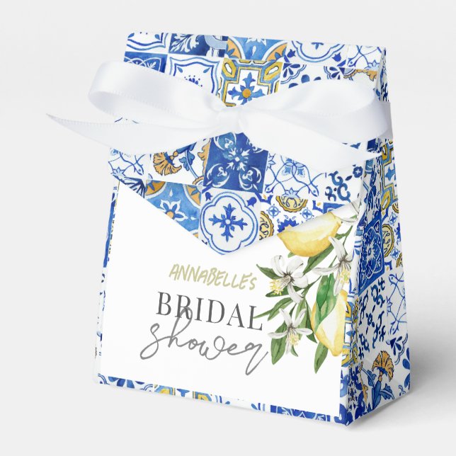 Mediterranean Blue Tile Citrus Lemon Bridal Shower Favor Boxes (Front Side)
