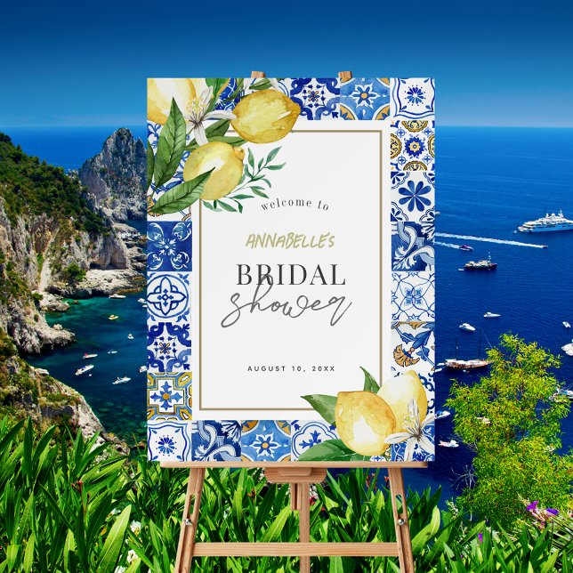 Mediterranean Blue Tile Citrus Lemon Bridal Shower Foam Board (Creator Uploaded)