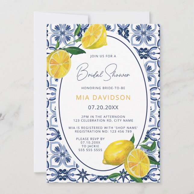 Mediterranean Blue Tile Citrus Lemon Bridal Shower Invitation (Front)