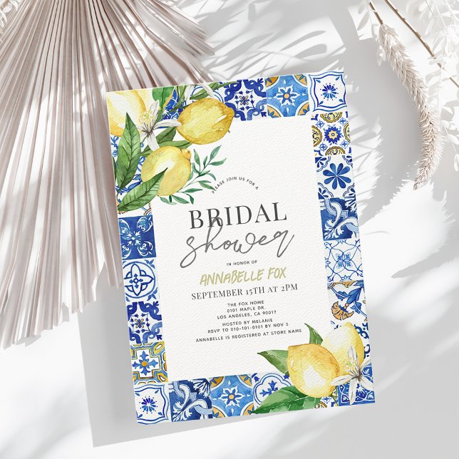 Mediterranean Blue Tile Citrus Lemon Bridal Shower Invitation (Creator Uploaded)