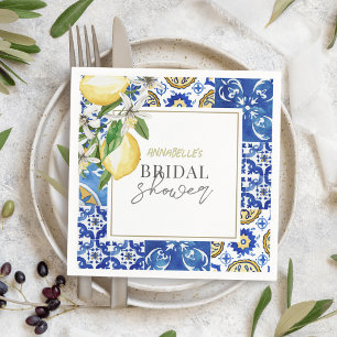 Mediterranean Blue Tile Citrus Lemon Bridal Shower Napkins