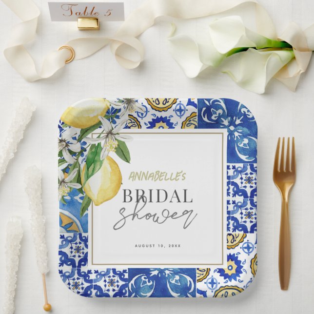 Mediterranean Blue Tile Citrus Lemon Bridal Shower Paper Plates (Wedding)