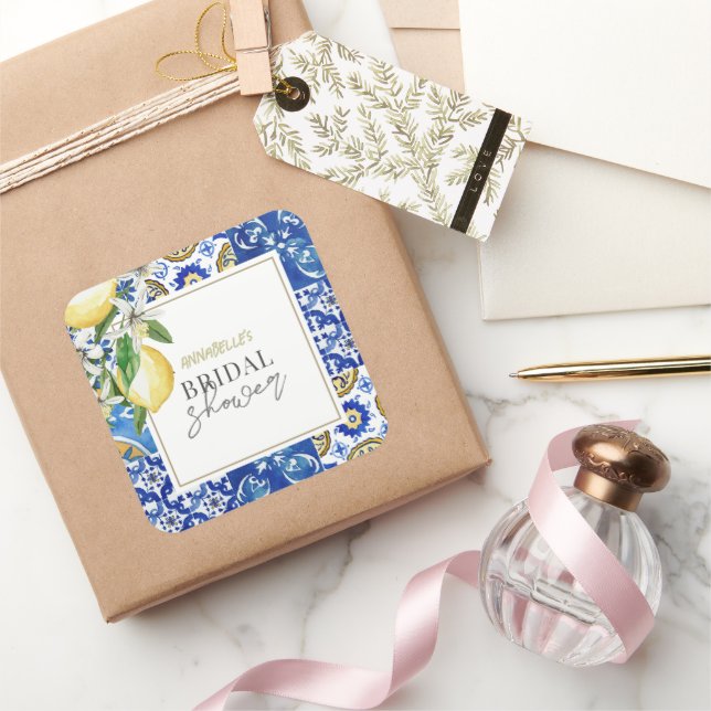 Mediterranean Blue Tile Citrus Lemon Bridal Shower Square Sticker (Gifting)