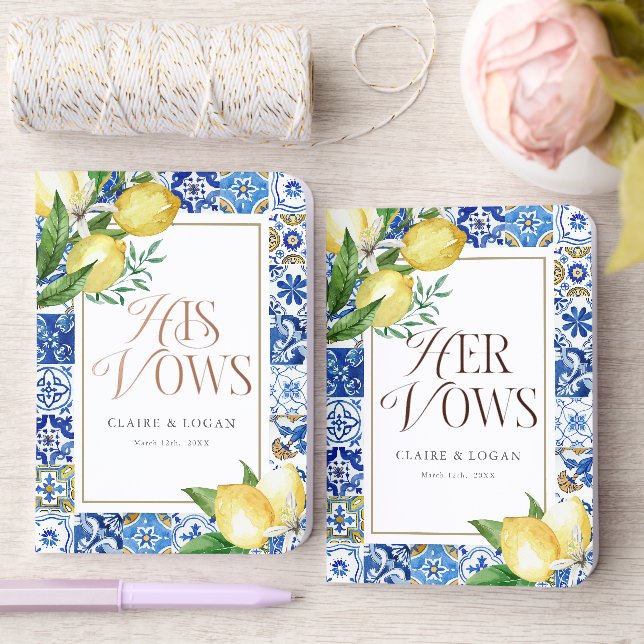 Mediterranean Blue Tile Citrus Lemon His & Hers' Foil Vow Books (Wedding)