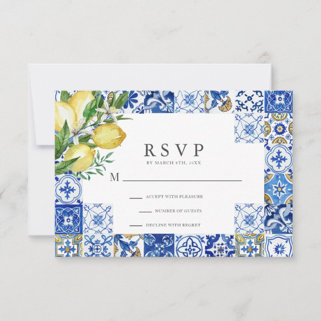 Mediterranean Blue Tile Citrus Lemon Wedding RSVP Card (Front)