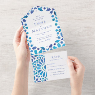 Mediterranean Blue Tile Coastal Wedding All In One Invitation