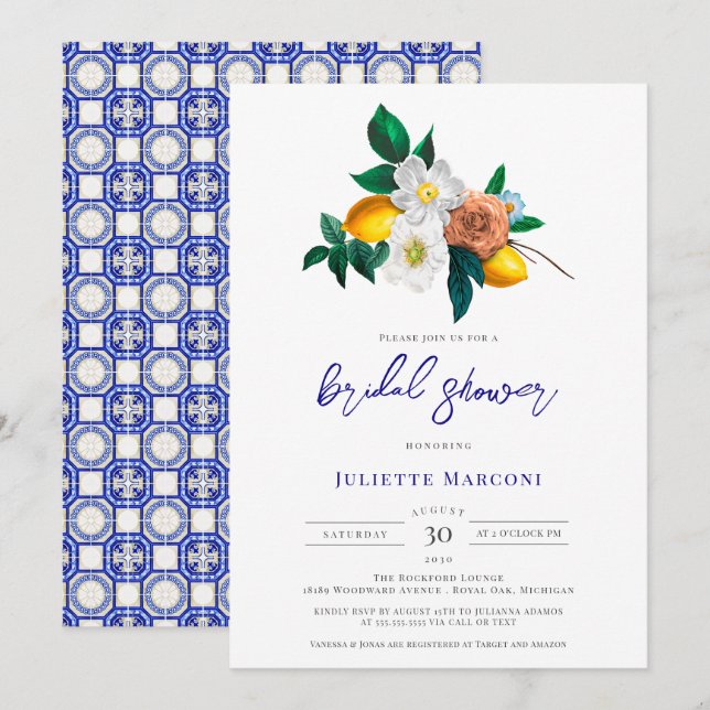 Mediterranean Blue Tile Floral Lemon Bridal Shower Invitation (Front/Back)