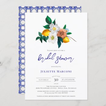 Mediterranean Blue Tile Floral Lemon Bridal Shower Invitation by ItsAFineTime at Zazzle