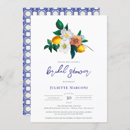 Mediterranean Blue Tile Floral Lemon Bridal Shower Invitation