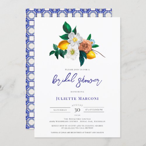 Mediterranean Blue Tile Floral Lemon Bridal Shower Invitation