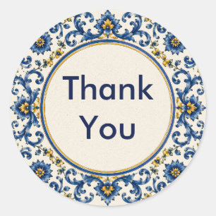Mediterranean Blue Tile Italian Ceramic Floral Classic Round Sticker