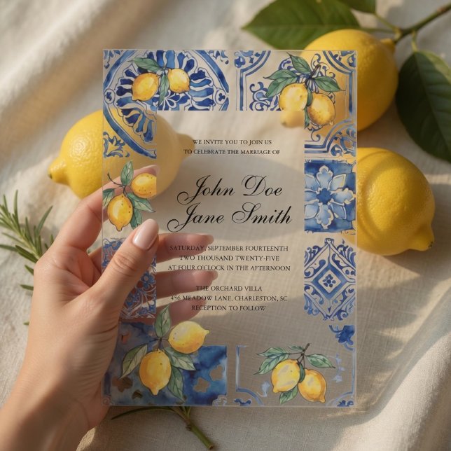 Mediterranean Blue Tile Italian Citrus  Acrylic Invitations (Creator Uploaded)