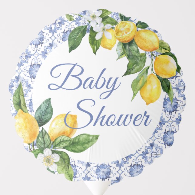 Mediterranean Blue Tile Lemon Baby Shower  Balloon (Front)