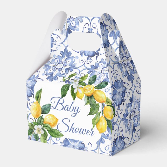Mediterranean Blue Tile Lemon Baby Shower  Favor Boxes (Front Side)