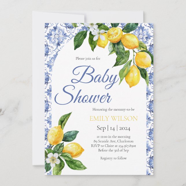 Mediterranean Blue Tile Lemon Baby Shower Invitation (Front)