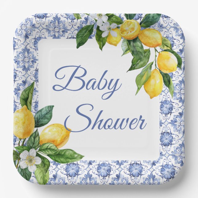 Mediterranean Blue Tile Lemon Baby Shower  Paper Plates (Front)