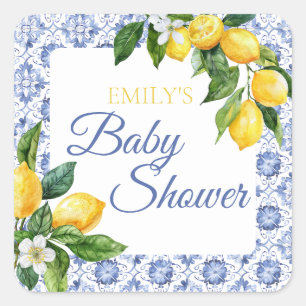 Mediterranean Blue Tile Lemon Baby Shower  Square Sticker