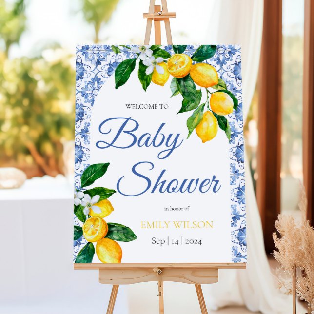 Mediterranean Blue Tile Lemon Baby Shower Welcome Foam Board (Creator Uploaded)