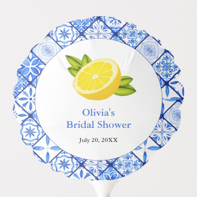 Mediterranean Blue Tile Lemon Bridal Shower Balloon (Front)