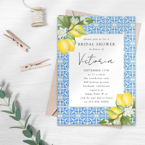 Mediterranean Blue Tile Lemon Bridal Shower Invitation