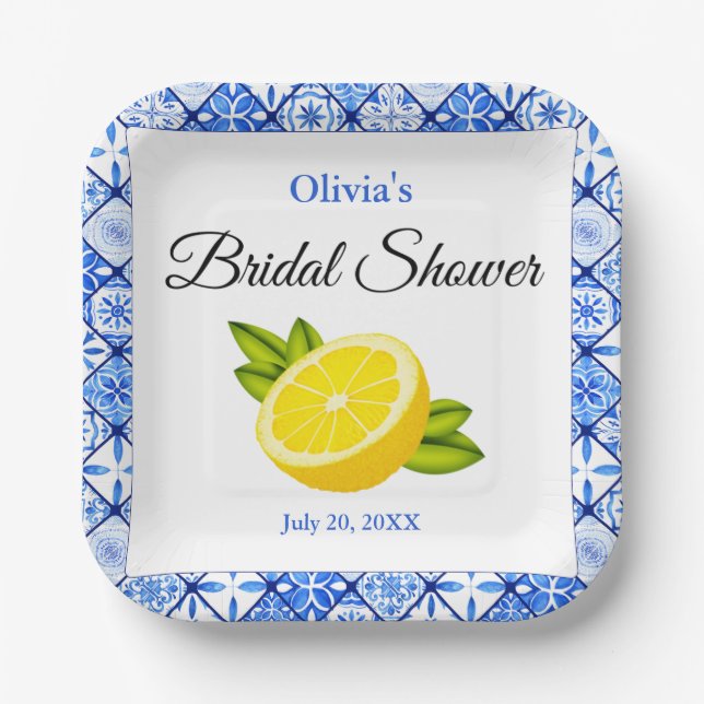 Mediterranean Blue Tile Lemon Bridal Shower Paper Plates (Front)