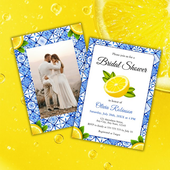 Mediterranean Blue Tile Lemon Photo Bridal Shower  Invitation (Mediterranean Italian Blue Tile Lemon Photo Bridal Shower Invitation   )